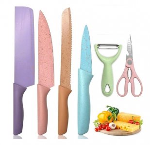 Kit de Conjunto Facas Coloridas Tesoura Descascador Cozinha Gourmet 6 Peças