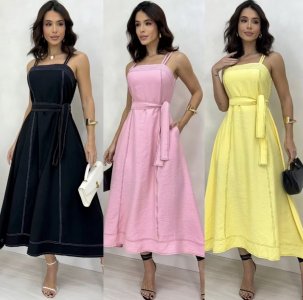 VESTIDO MIDI FEMININO Com CINTO FAIXA e BOLSOS - MODA ELEGANTE
